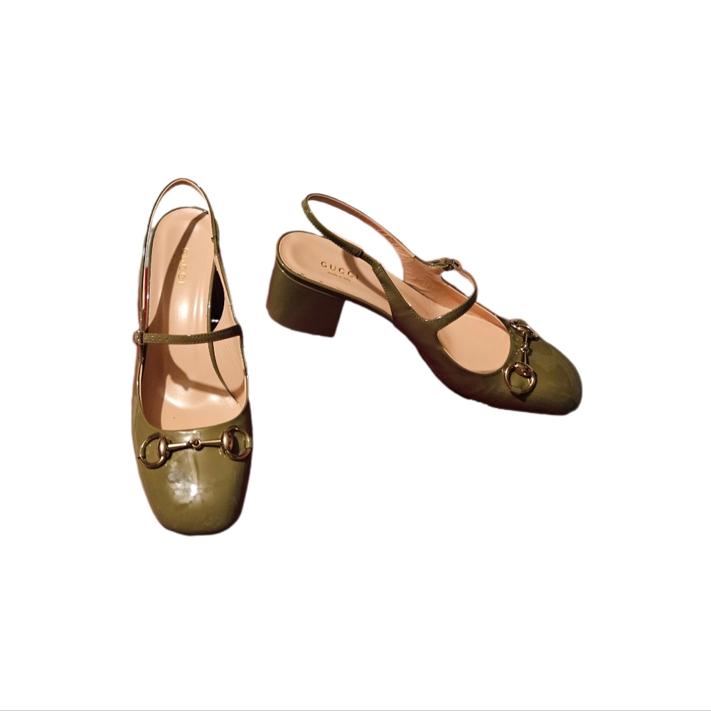 Gucci Olive Leather Horsebit Slingback Pumps